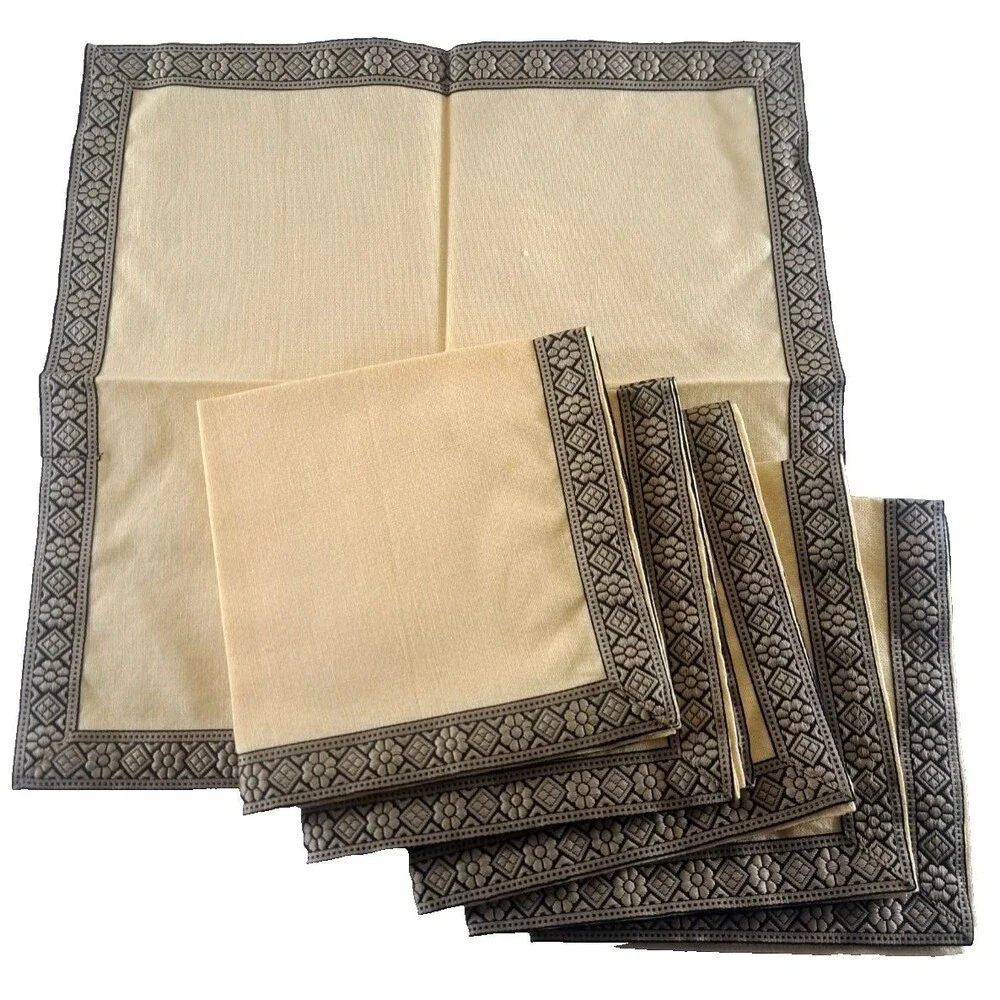 Yellow Linen Napkins Gray Embroidered Edge Set of 6 Floral 14